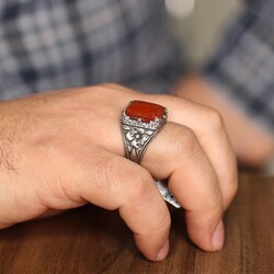 925 Sterling Silver Agate Stone Flower Pattern Men Ring - Nusrettaki