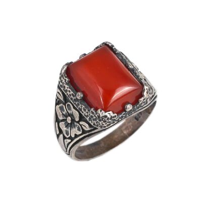 925 Sterling Silver Agate Stone Flower Pattern Men Ring - 3