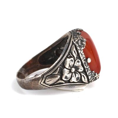 925 Sterling Silver Agate Stone Flower Pattern Men Ring - 5