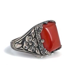 925 Sterling Silver Agate Stone Flower Pattern Men Ring - 2