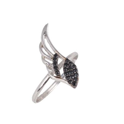 925 Sterling Silver Angel Wing Design Ring with White & Black CZ - 1