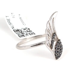 925 Sterling Silver Angel Wing Design Ring with White & Black CZ - 3