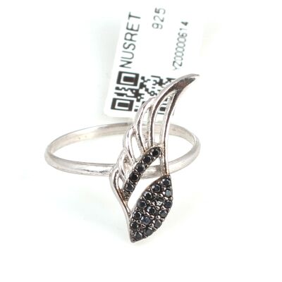 925 Sterling Silver Angel Wing Design Ring with White & Black CZ - 4