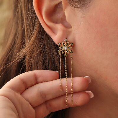 925 Sterling Silver Chain Dangle Snowflake Earrings, Gold Plated - 1