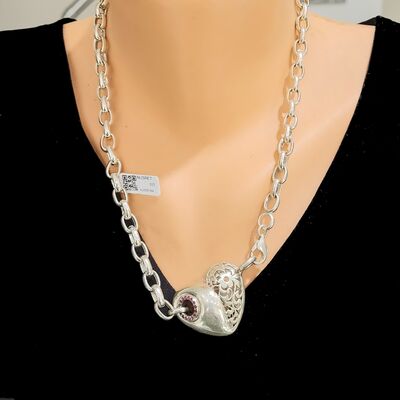 925 Sterling Silver Doch Chain Heart Necklace, White Stone - 1