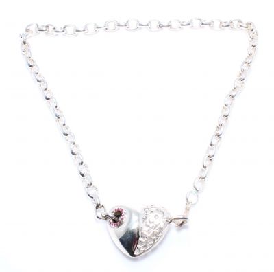 925 Sterling Silver Doch Chain Heart Necklace, White Stone - 3