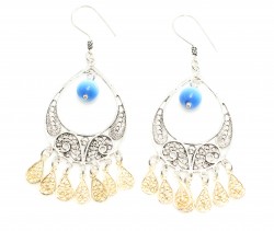 925 Sterling Silver Filigree Earring with Blue Catseye Stone - Nusrettaki (1)