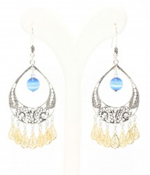 925 Sterling Silver Filigree Earring with Blue Catseye Stone - Nusrettaki