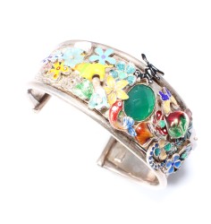 925 Sterling Silver Flower Garden Cuff Bracelet with Green Stone - Nusrettaki