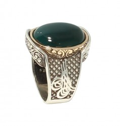 925 Sterling Silver Green Agate Oval Stone Men's Ring - Nusrettaki