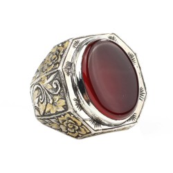 925 Sterling Silver Handcarved Agate Stone Man Ring - Nusrettaki