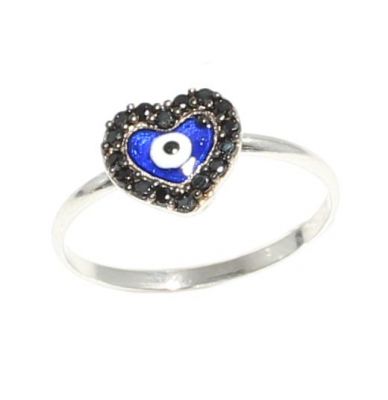 925 Sterling Silver Heart & Evil Eye Ring with Black CZ - 5