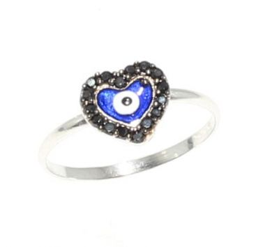 925 Sterling Silver Heart & Evil Eye Ring with Black CZ - 6