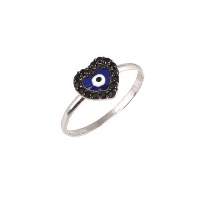 925 Sterling Silver Heart & Evil Eye Ring with Black CZ - 1