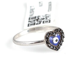 925 Sterling Silver Heart & Evil Eye Ring with Black CZ - 2