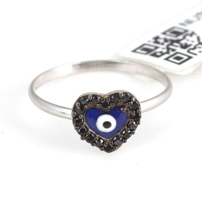 925 Sterling Silver Heart & Evil Eye Ring with Black CZ - 3