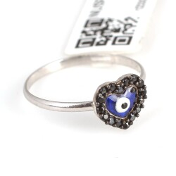 925 Sterling Silver Heart & Evil Eye Ring with Black CZ - 4