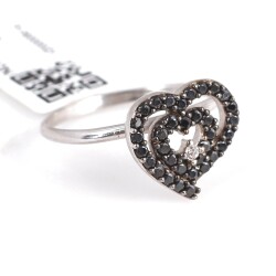 925 Sterling Silver Heart in Heart Ring with Black CZ - 2