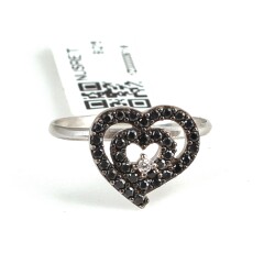 925 Sterling Silver Heart in Heart Ring with Black CZ - 3