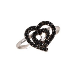 925 Sterling Silver Heart in Heart Ring with Black CZ 