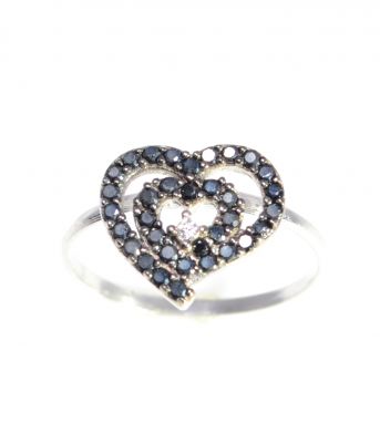 925 Sterling Silver Heart in Heart Ring with Black CZ - 4