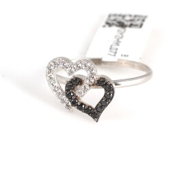 925 Sterling Silver Intimate Hearts Ring with White & Black CZ - 4