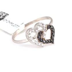 925 Sterling Silver Intimate Hearts Ring with White & Black CZ - 3