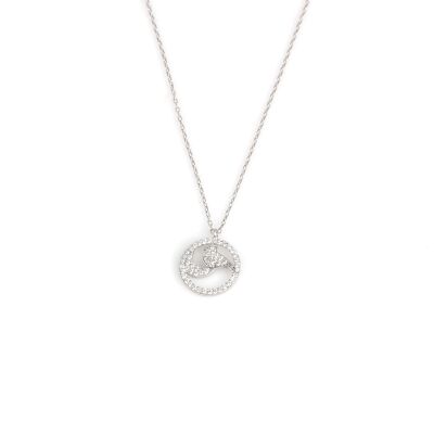 925 Sterling Silver Moon and Bird Necklace, White - 1