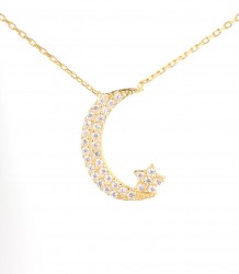 925 Sterling Silver Moon And Star Model Necklace with CZ - Nusrettaki (1)