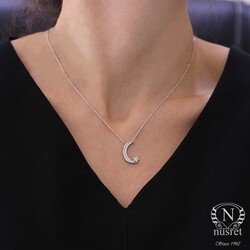 925 Sterling Silver Moon And Star Model Necklace with CZ - Nusrettaki