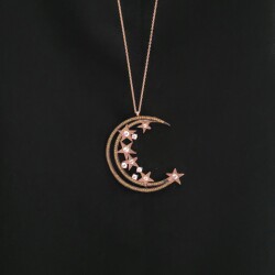 925 Sterling Silver Moon & Star Long Chain Necklace - 3