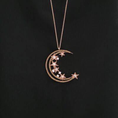 925 Sterling Silver Moon & Star Long Chain Necklace - 3