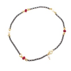 925 Sterling Silver Pearl-Ruby Anklet - 1