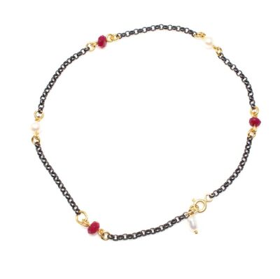 925 Sterling Silver Pearl-Ruby Anklet - 1