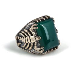 925 Sterling Silver Rectangle Green Agate Stone Scorpions Men Ring - Nusrettaki (1)