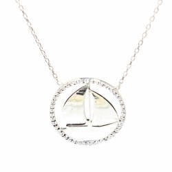 925 Sterling Silver Sailboat Necklace with CZ - Nusrettaki