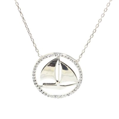 925 Sterling Silver Sailboat Necklace with CZ - 2