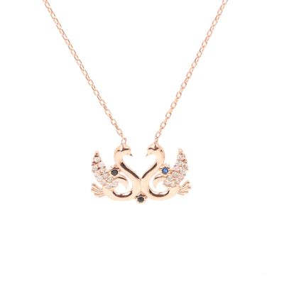 925 Sterling Silver Swans İn Love Necklace With Blue CZ - 2