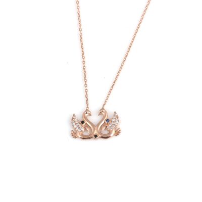 925 Sterling Silver Swans İn Love Necklace With Blue CZ - 1