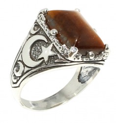 925 Sterling Silver Tiger's eye stone moon star men ring - Nusrettaki (1)