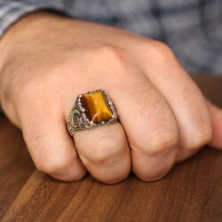 925 Sterling Silver Tiger's eye stone moon star men ring - Nusrettaki