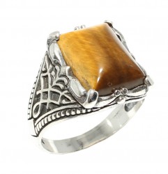 925 Sterling Silver Tiger's Eye Stone patterned Men Ring - 7