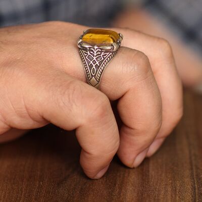 925 Sterling Silver Tiger's Eye Stone patterned Men Ring - 1