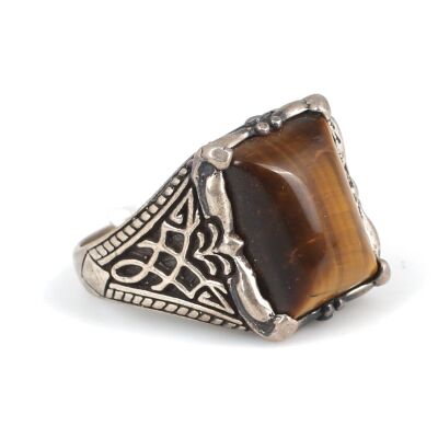 925 Sterling Silver Tiger's Eye Stone patterned Men Ring - 2