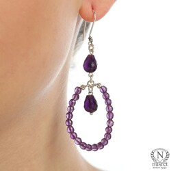 Amethyst Gemstoned 925 Silver Hoop Earrings - Nusrettaki