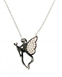 Flying Angel Model 925 Sterling Silver Necklace, Black - White Stone - Nusrettaki (1)