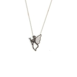 Flying Angel Model 925 Sterling Silver Necklace, Black - White Stone - Nusrettaki