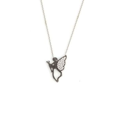 Flying Angel Model 925 Sterling Silver Necklace, Black - White Stone - 1