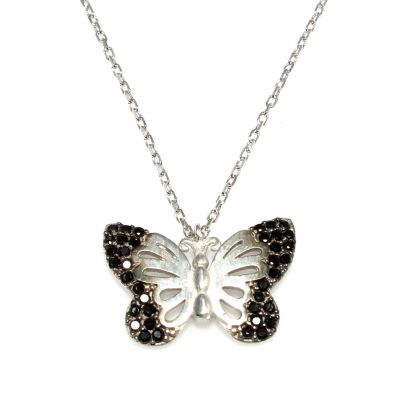 Butterfly Design 925 Sterling Silver Necklace with Black Zircon - 2