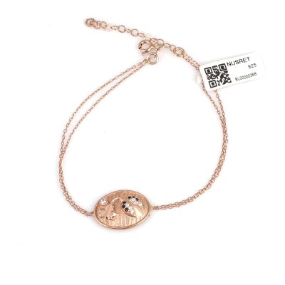 Ladybug and Leaf on Eliptic Plate Sterling Silver Bracelet, Rose Gold Vermeil - 1